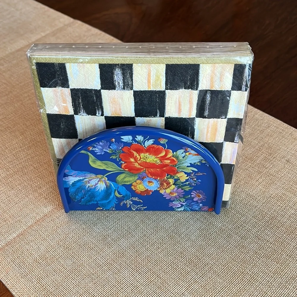 NWT Mackenzie Childs Blue Flower Market napkin holder and Courtly check napkins